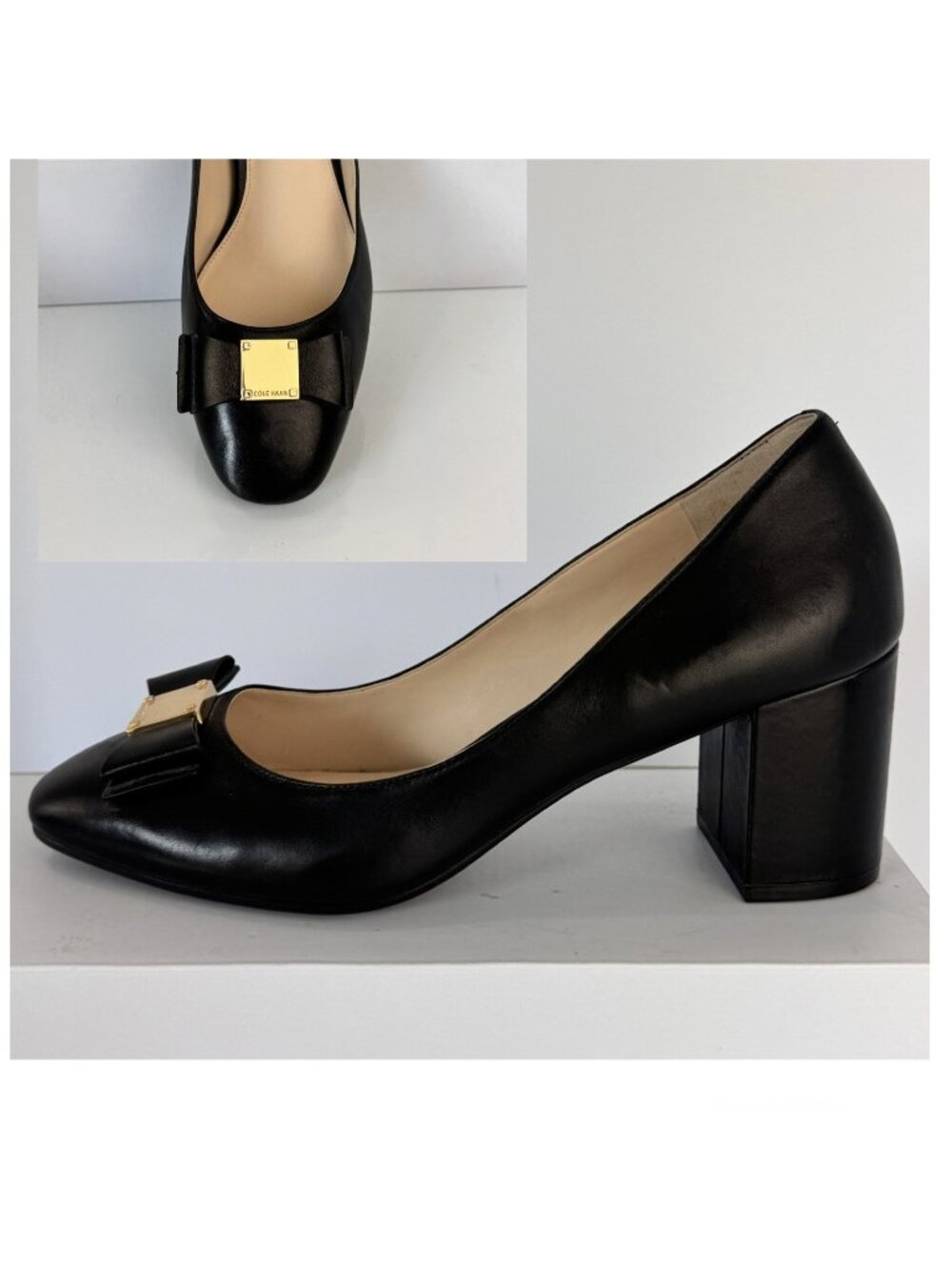 Cole Haan Tali Bow Pump Heel Womens Sz 10 Black Leather Block Heel Slip On Shoe